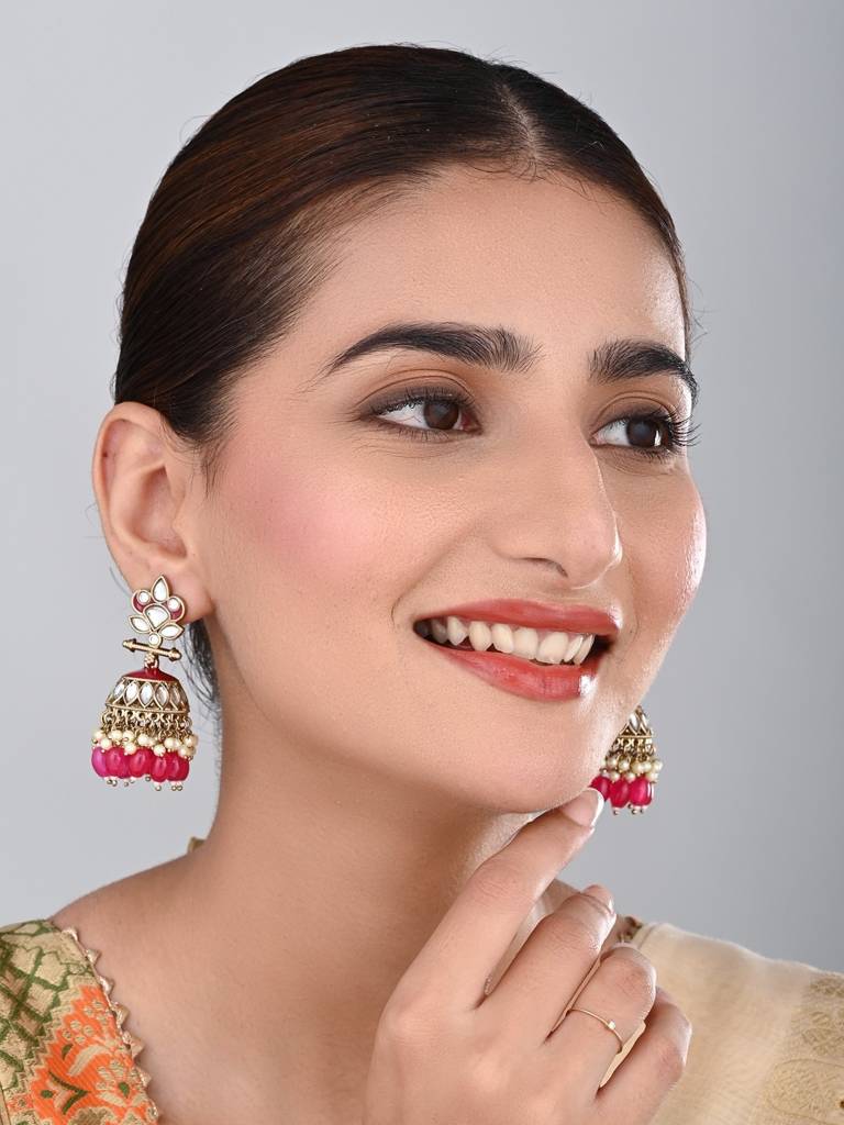 Gold Plated Kundan & Meenakari Jhumka Earrings : S24FAER411PNK