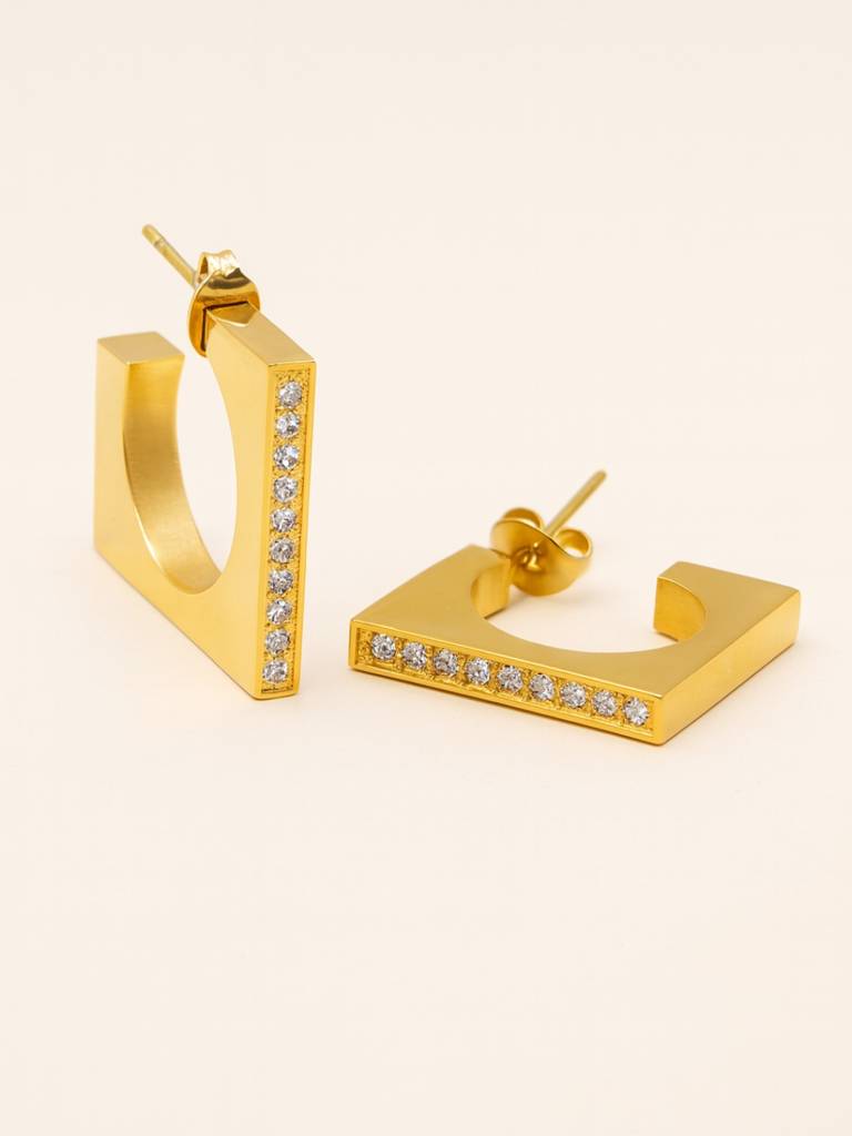 Square Studded Gold Half Hoop Earrings Â 18K Gold Plated Cz : ATE608SSHH