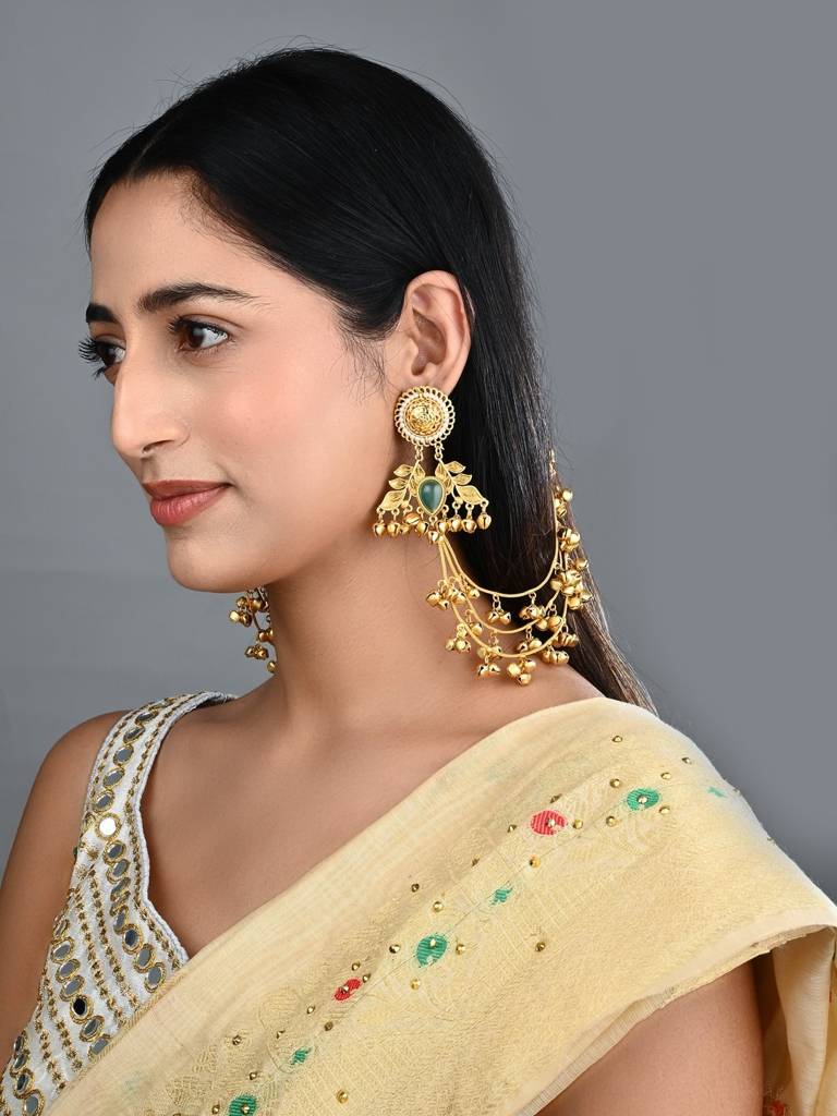 Gold Plated Studs With Ear Chains : S24KCER648GRN