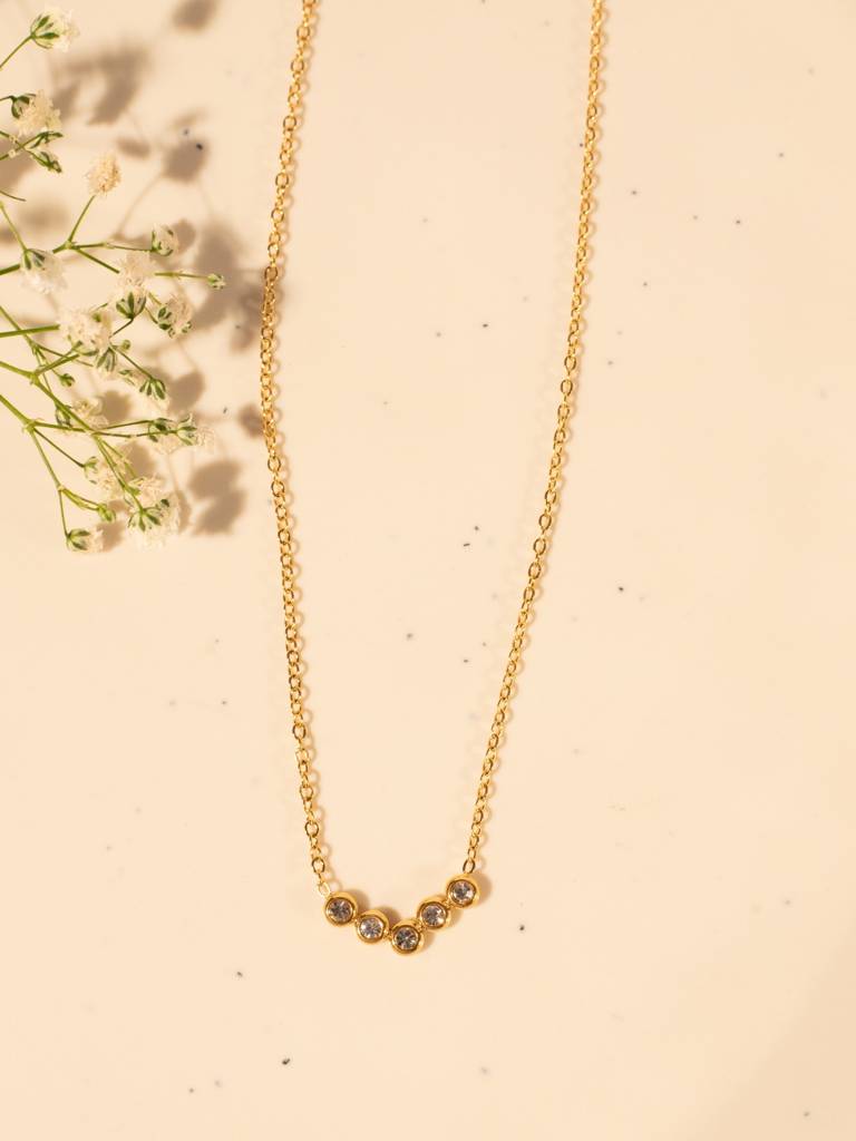 V Studded Pendant Necklace Â Gold Plated Stainless Steel, Premium Ad Stones, Adjustable Length : ATC552VSN