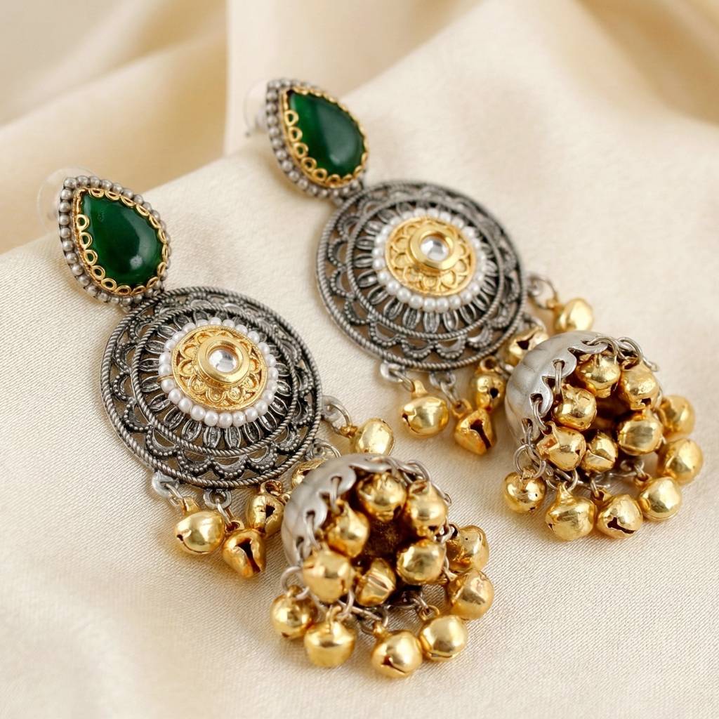 Dual Tone Oxidized Silver Jhumka Earrings With Green Stone & Golden Ghungroo : 502-KEO-16911-G-SG