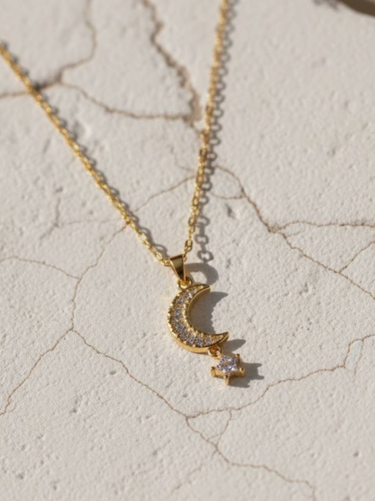 Anti-Tarnish Moon & Star Pendant Chain | 18K Gold Cz Jewelry : ATC645MSPC