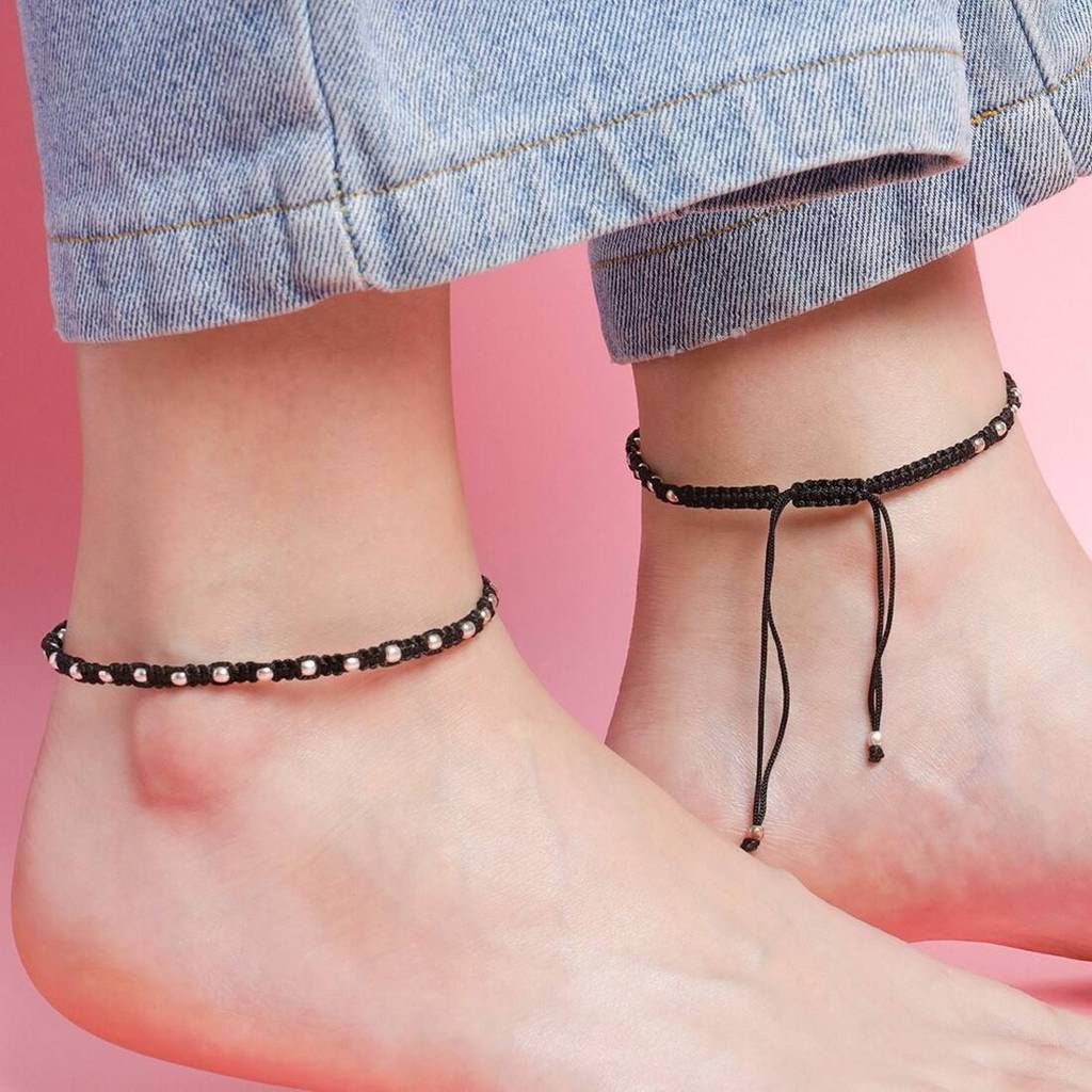 Classic Thread Anklet In 925 Sterling Silver Rhodium Plating In Red Stone : ANK-60209-PAIR