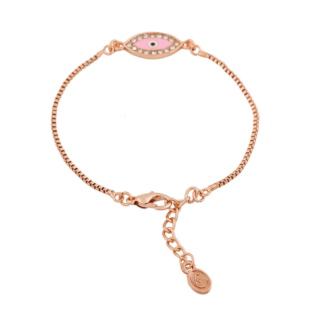 Estele Rose Gold Plated Glossy Pink Evil Eye Charm Bracelet With White Crystals For Girls & Women : 102103-RGBR