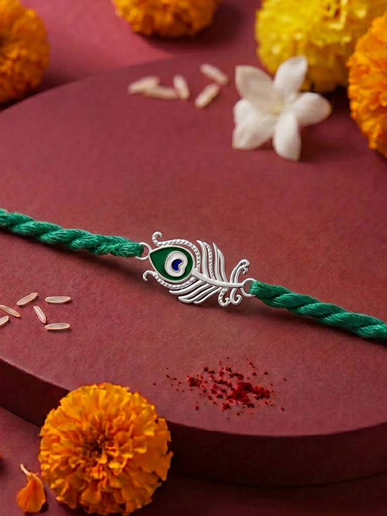 925 Sterling Silver Peacock Thread Rakhi For Brother : RKH-10116-O