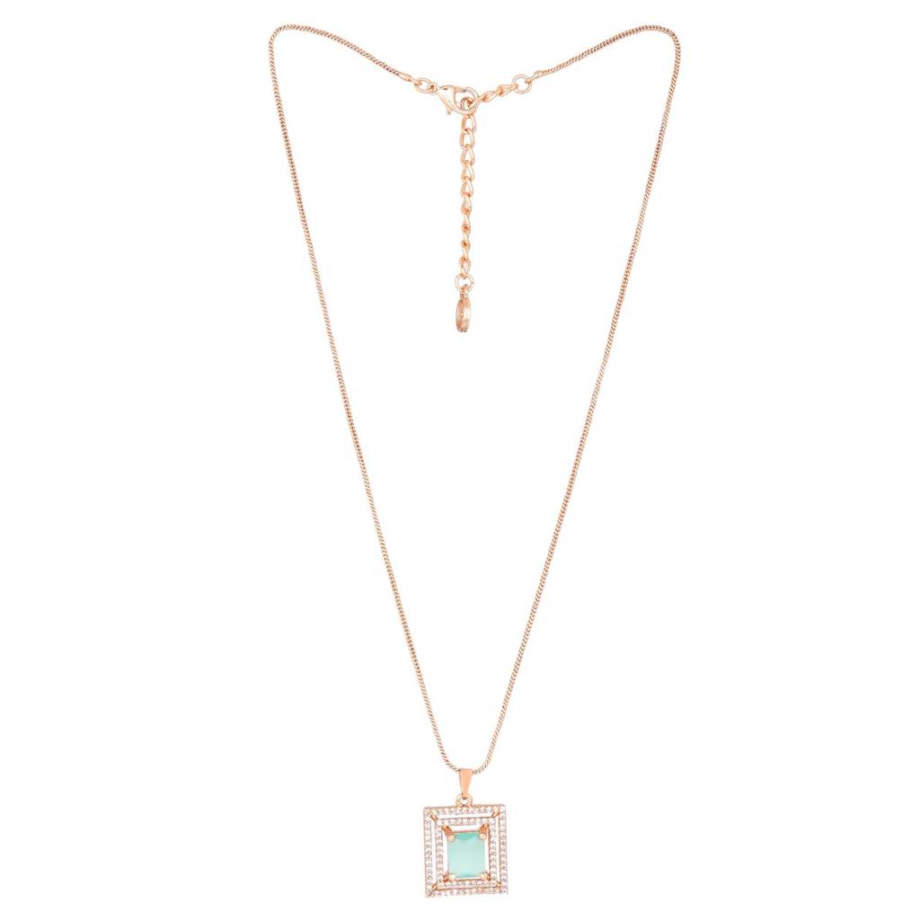 Estele Rose Gold Plated Cz Square Designer Pendant Set With Mint Green Crystals For Women