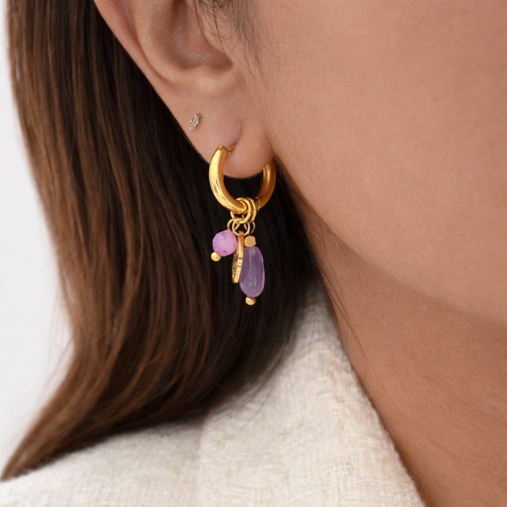 Gold Plated Purple Stone Charm Hoop Earrings For Women | Trendy Beaded Drop Earrings : 100691