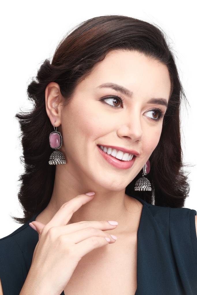 Oxidised Silver Cabochon Jhumka Drops : F23MHER014PNK