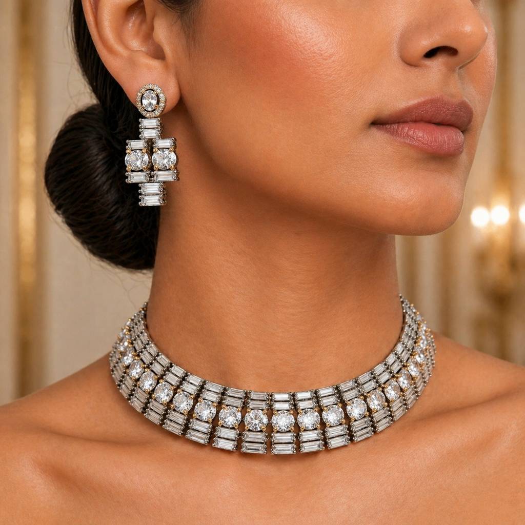 Silver & Gold Cz Baguette Collar Necklace Set With Geometric Drop Earrings : RRAPR26AID-82