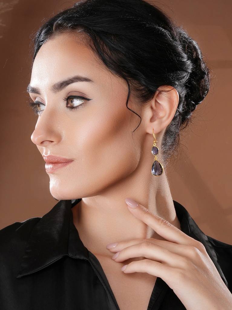 Gold-Plated American Diamond Studded Teardrop Shaped Drop Earrings : STER8200