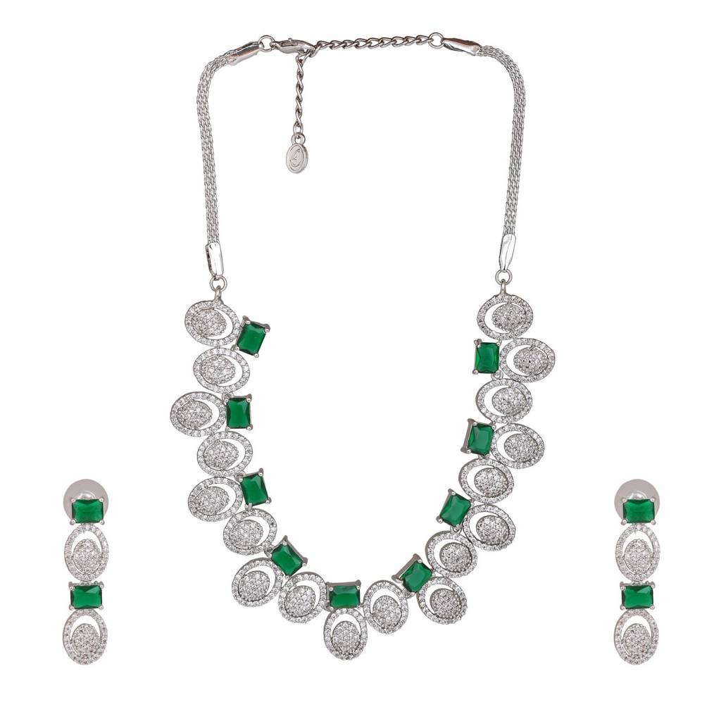 Estele Rhodium Plated Cz Mesmerizing Necklace Set With Green Crystals For Women