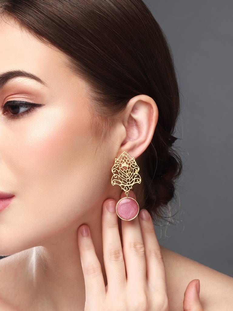 Gold Filigree Stone Drop Earrings : S24JJER210PNK