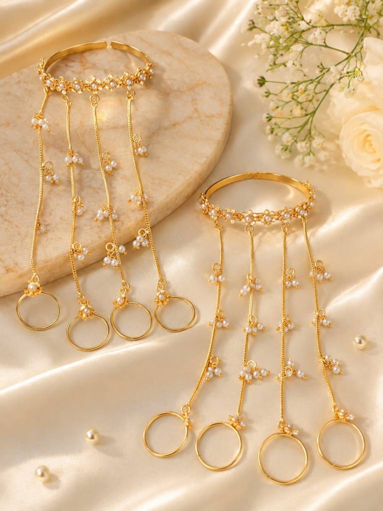 Women Set Of 2 Flower & Pearls Gold-Plated Multi Ring Ghungaroo Kashmiri Bracelet : VI26BC100044