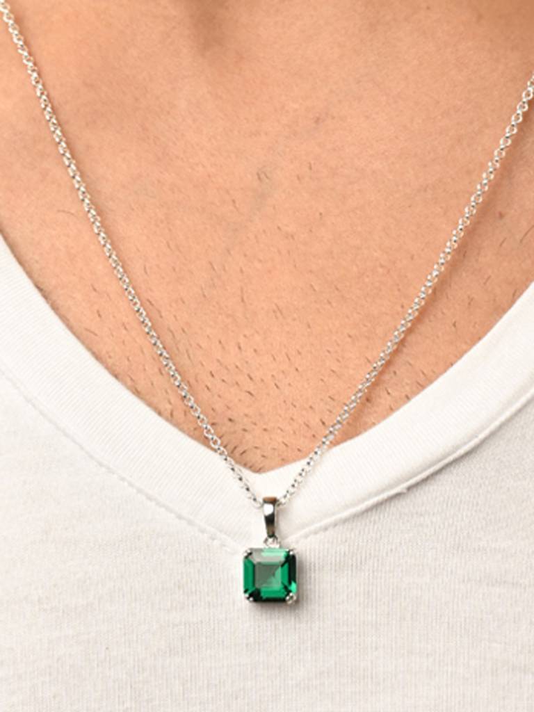 925 Silver Platinum Plated Swiss Zircon Green Octagon Men Pendant Necklace With Chain Gift For Men & Boys : CSMNP18_NOCHAIN