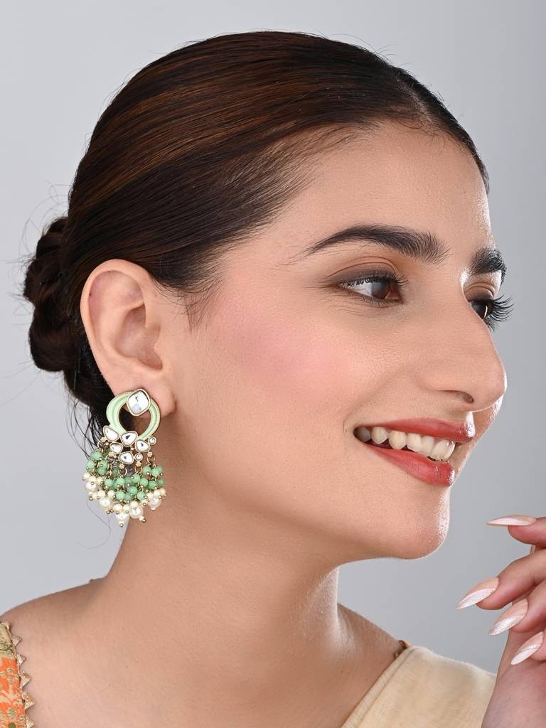 Gold-Plated Meenakari Stud Earrings With Kundan & Pearl Cluster Drops : S24FAER408SGR