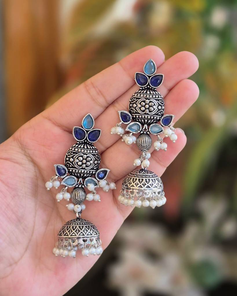 Oxidised Silver Aqua & Ruby Pearl Jhumkas : NA_ST_ER_231_4