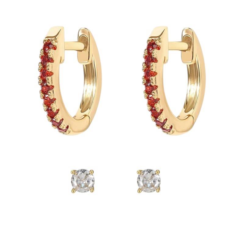 14K Gold Plated Anti-Tarnish Red Zircon Huggie And Stud Earring
