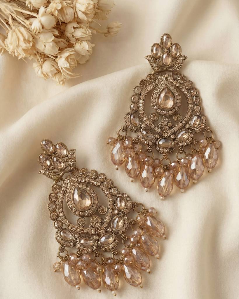 Gold Plated Antique Gold Champagne Stone - Long Earrings For Women : ORP202SF