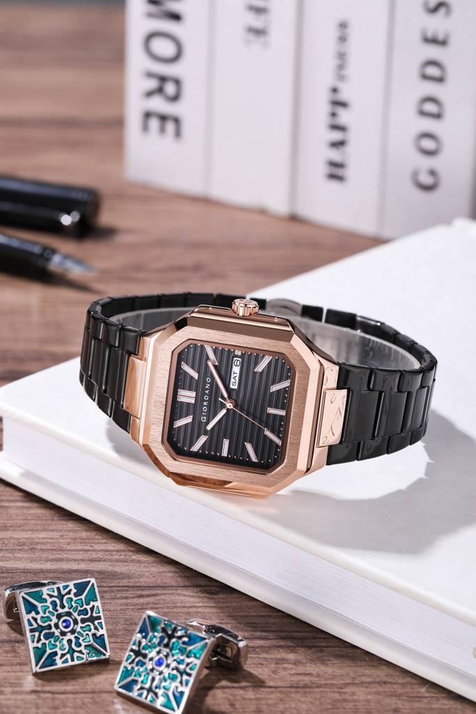Giordano Square Formal Watch For Men – Textured Dial,Day & Date Display And Stylish Stainless Steel Strap : GZ-50140-11