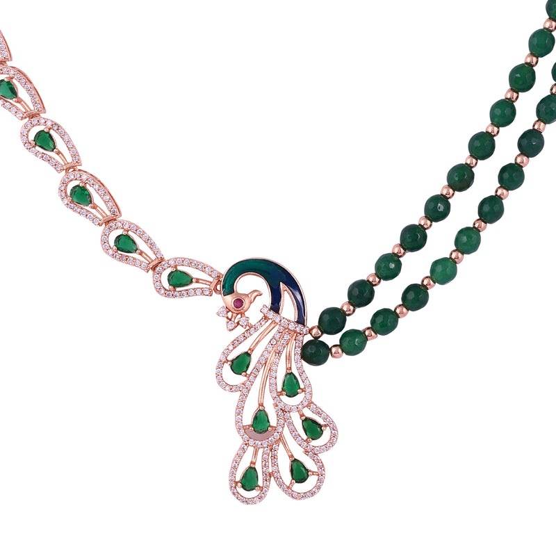 Rose Gold Plated Peacock Necklace Set With Green Beads & White Cz Stones | Festive & Wedding Wear : AD-916-RGGNNKER