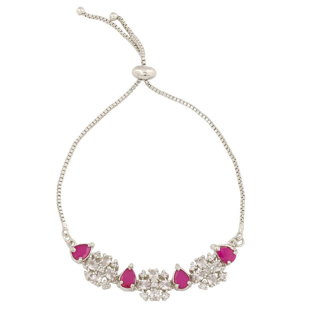 Estele Rhodium Plated Cz Flower Designer Bracelet With Ruby Crystals For Girls & Women