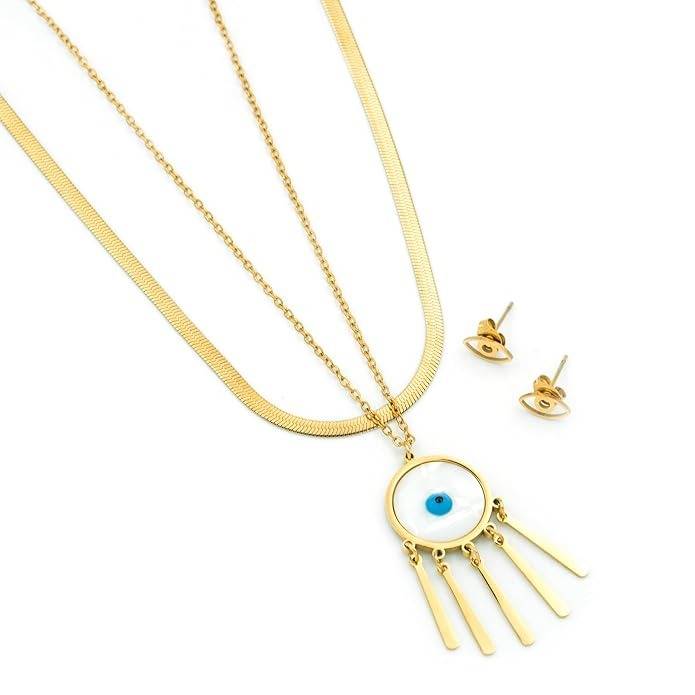 Evil Eye Anti Tarnish Charm Necklace & Earring Set For Women : HSPS60MB0656