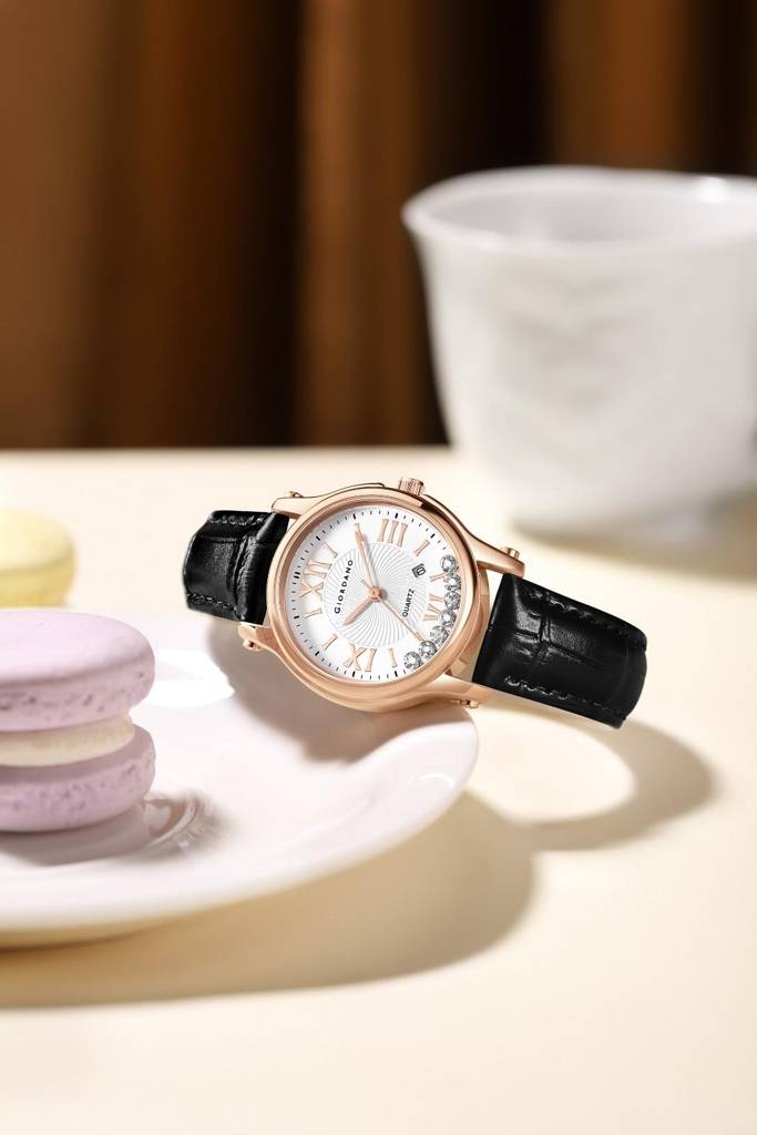 Giordano Luxury Analog Quartz Watch For Women Â Rose Gold Case, Roman Numerals, Crystal-Studded Dial, Leather  : GZ-60142-11