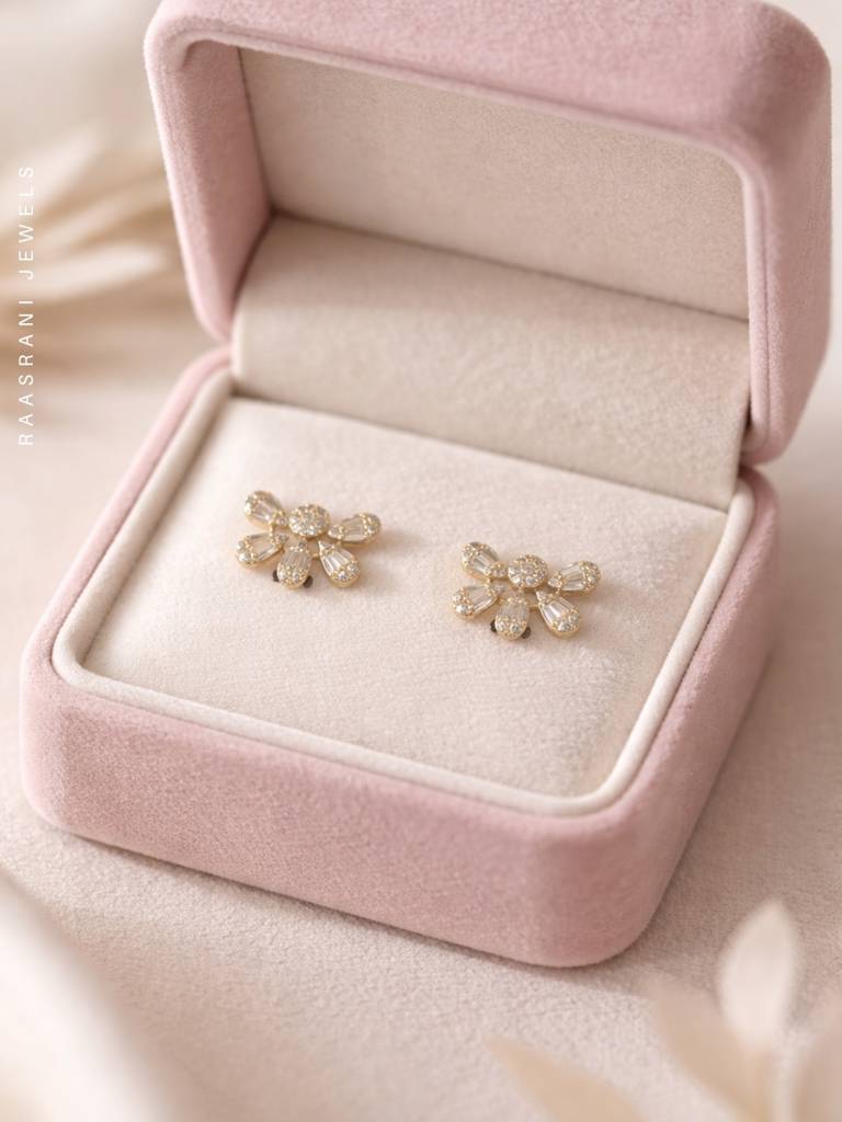 Half Floral Gold Stud Earrings With Ad Stones | Everyday Wear : S925E659HFS