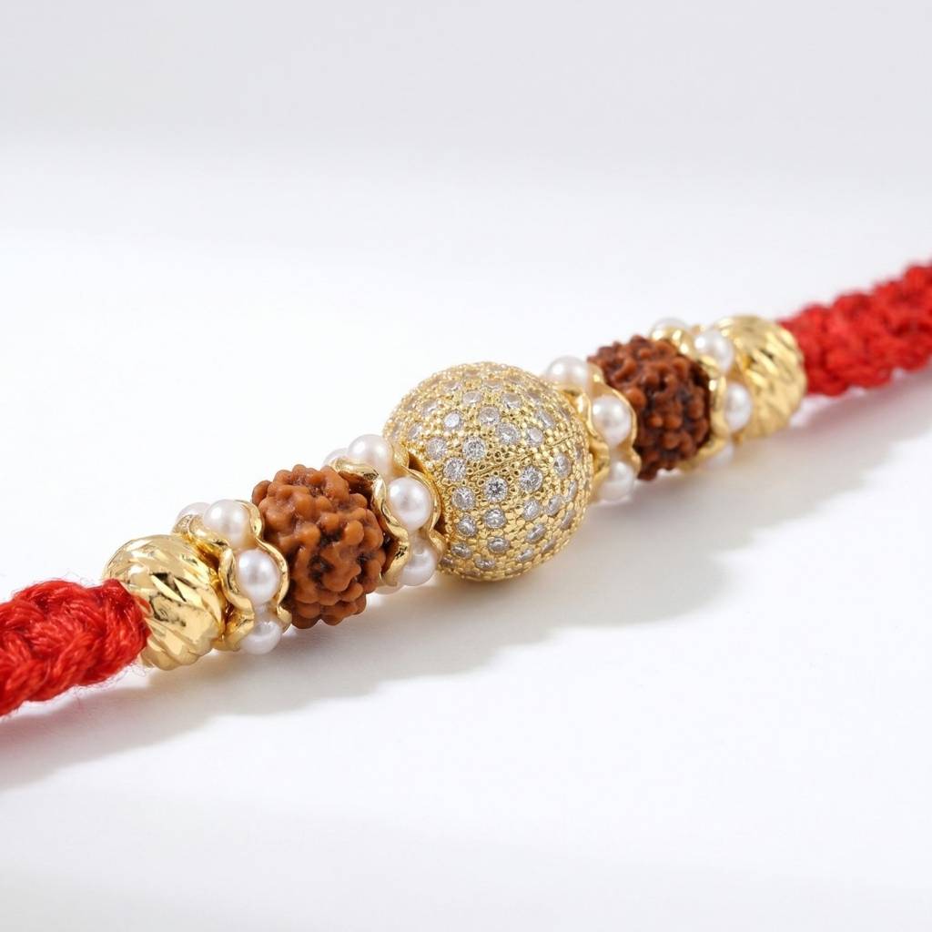 Royal Rudraksha Crystal Rakhi For Brother | Premium Designer Rakhi With Crystal Sphere, Rudraksha & Pearl Accents  : RAKHI_013
