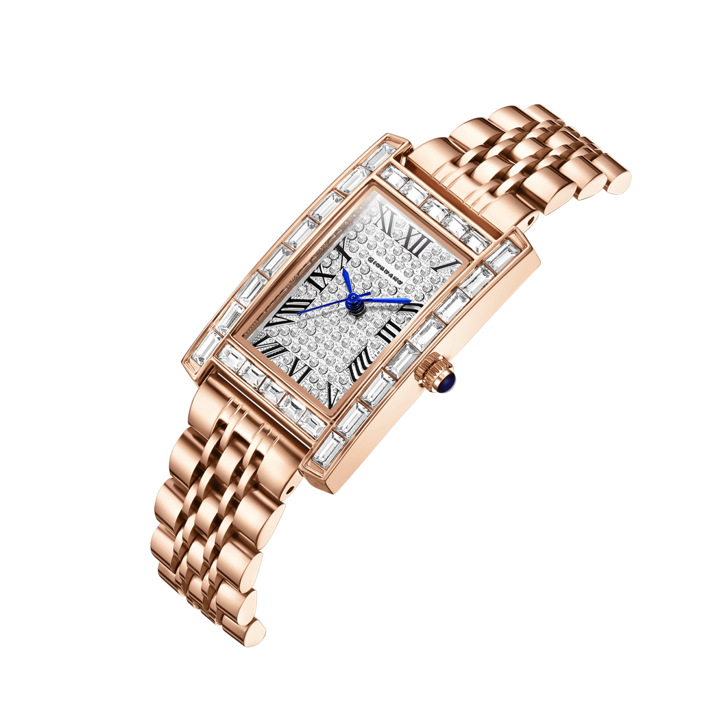 Giordano Rectangular Dress Watch For Women With Crystal Bezel, Roman Indiced And Sparkling Dial : GZ-60119-22