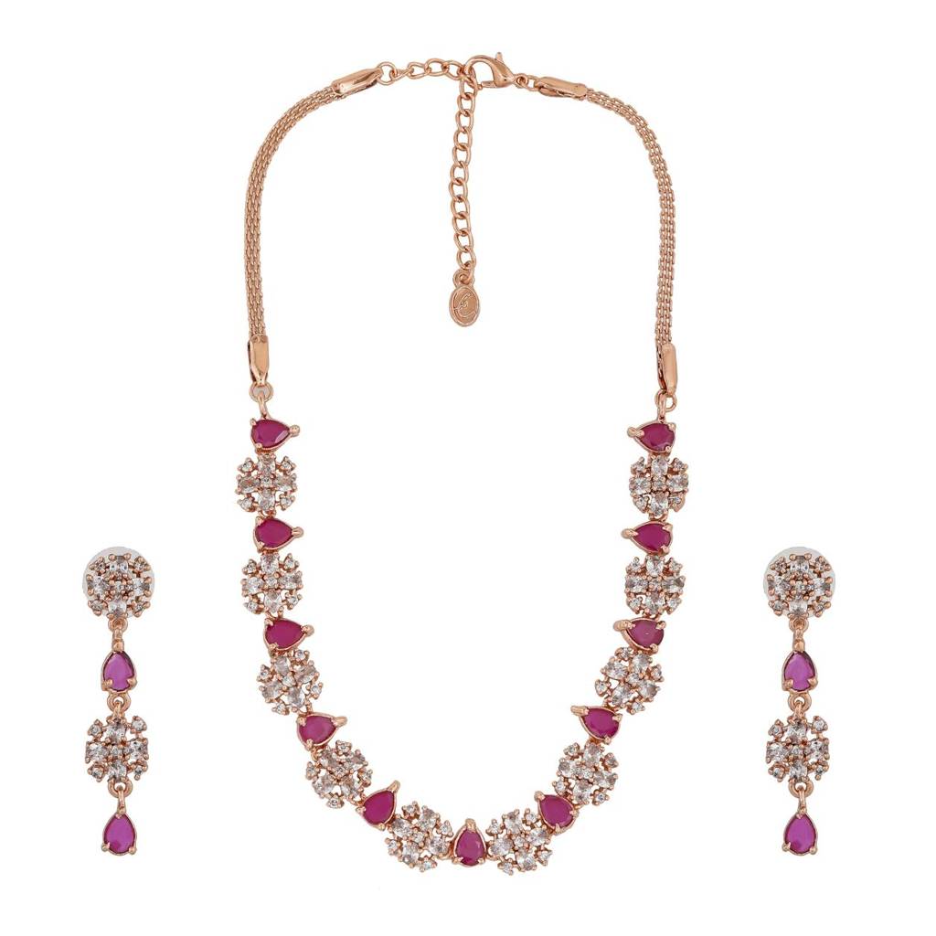 Estele Rose Gold Plated Cz Trendy Designer Necklace Set With Pink Crystals For Women