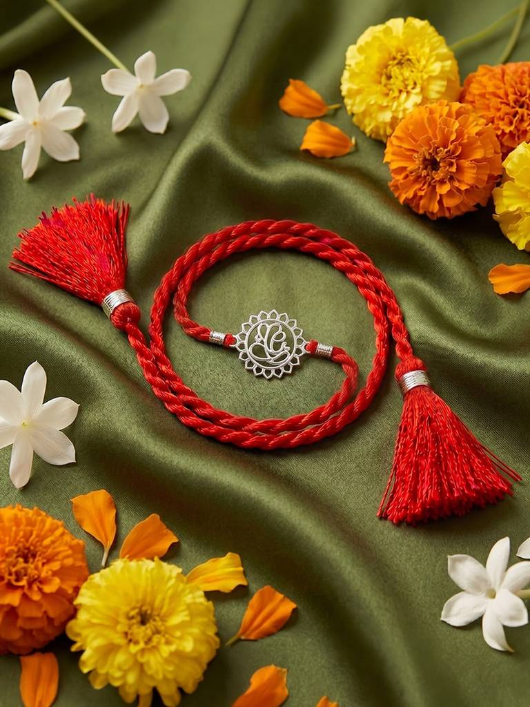 925 Sterling Silver Ganesha Thread Rakhi For Brother : RKH-10107-S