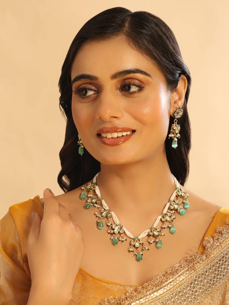 22K Gold Plated Pearl Empress Flora Green Stone Drops Necklace Set : YI24A0446N