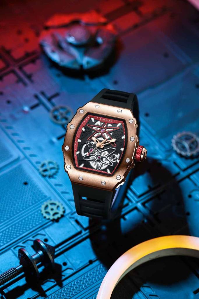 Giordano Analog Skeleton Dial Watch For Men Â Tonneau Case, Silicone Strap, Open-Gear Sport Design, Quartz Mov : GZ-50188-22