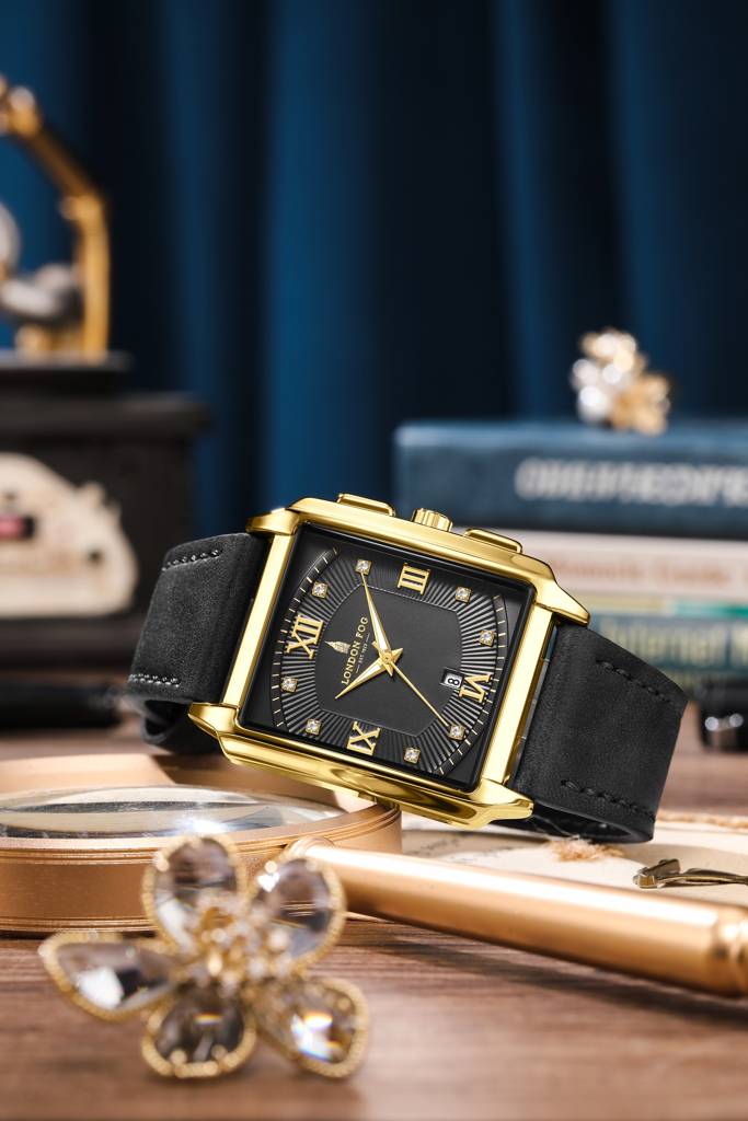 Mayfair Collection Analog Quartz Watch For Men With Leather Strap, Square Metal Case, Crystal Hour Accents, Date : LFM10004-03