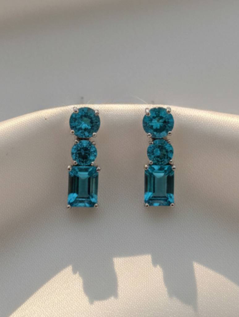 Kicky & Perky Natural Blue Topaz Triple-Stone Drop Earrings In 925 Sterling Silver : VSILSME058_BT