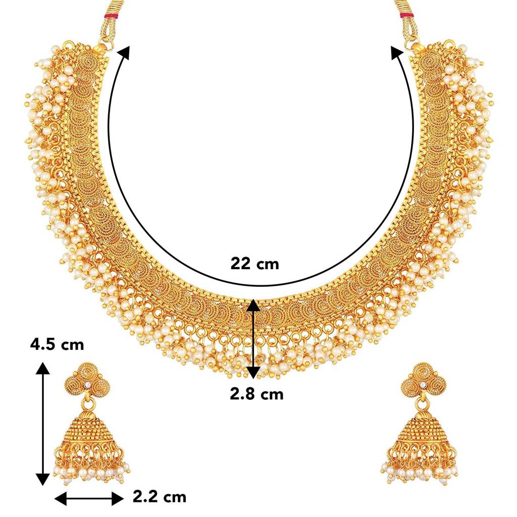 Peora Traditional Gold Plated Brass Alloy Rice Pearl Studded Festive Bridal Short Necklace Choker With Jhumki Earri : PF04N107