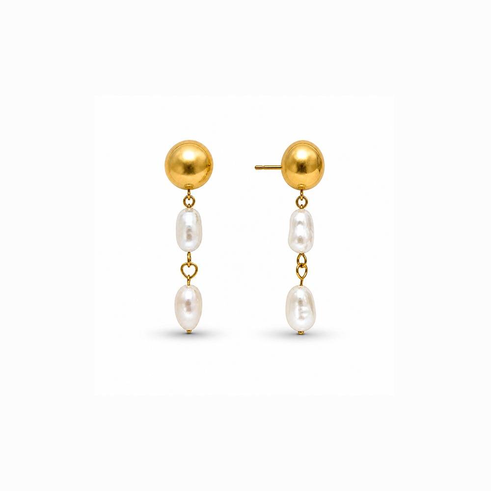 Women 18K Gold-Plated Metallic Dome Studs With Natural Baroque Pearl Linear Drops : 101144