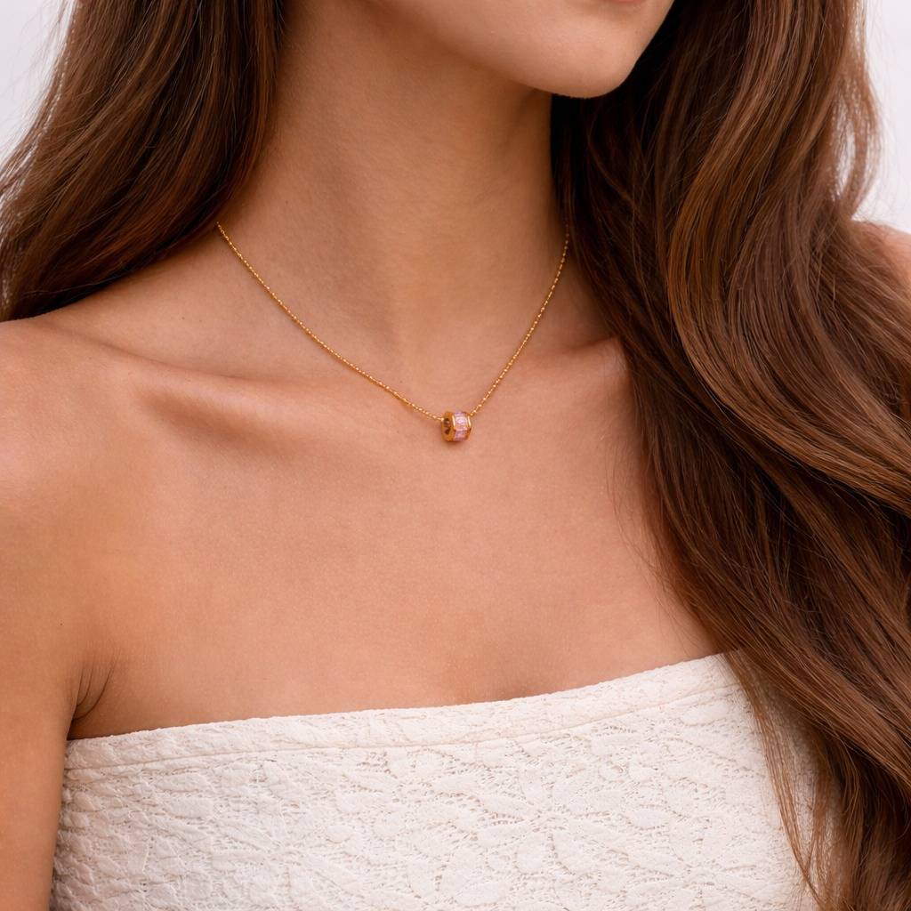 Gold Plated Pink Crystal Pendant Necklace For Women | Elegant Beaded Chain Pendant : 100690