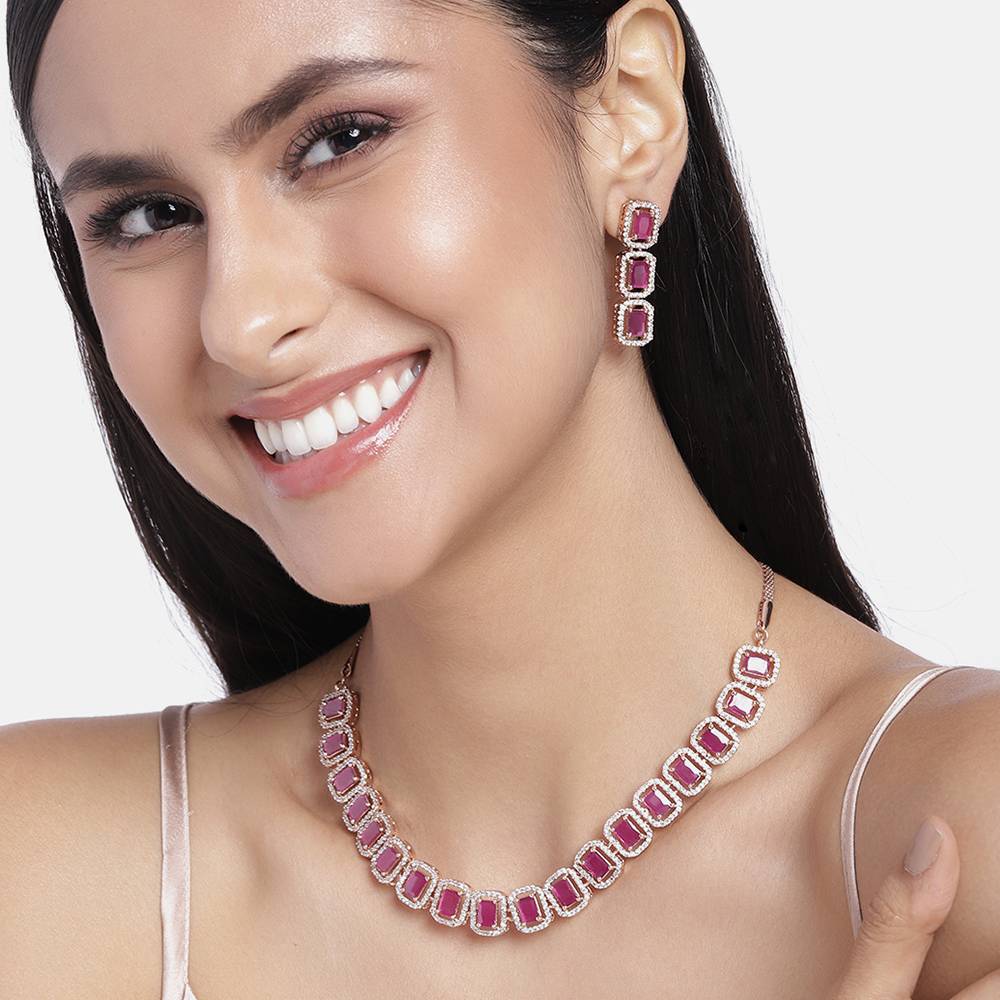 Estele Rose Gold Plated Cz Ossum Octagon Necklace Set With Ruby Crystals For Women : AD-679-RG-RBNKER