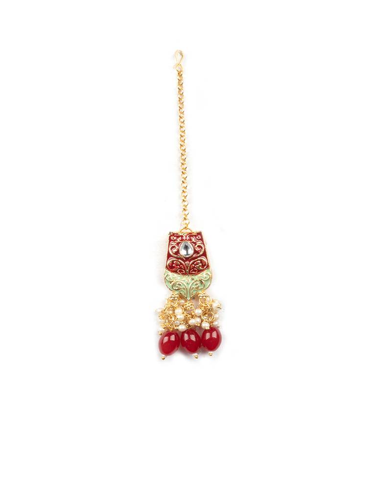 Dual Colour Kundan Meenakari Necklace Set With Earrings And Maangtika : Kundan08Red