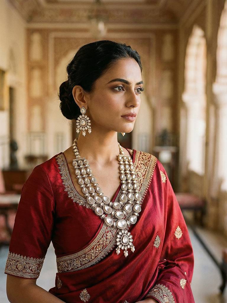 Gold Antique Uncut Polki Kundan Layered Statement Bridal Jewellery Set : SJNK2903