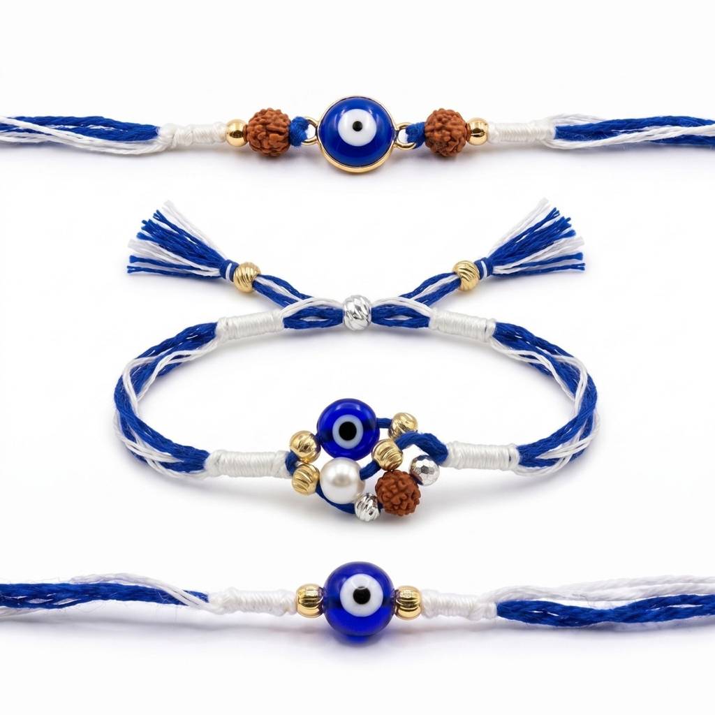 Evil Eye Rakhi Combo For Brother | Set Of 3 Handmade Evil Eye, Rudraksha & Nazar Protection Rakhis | Raks : RAKHI_SET_22_23_24
