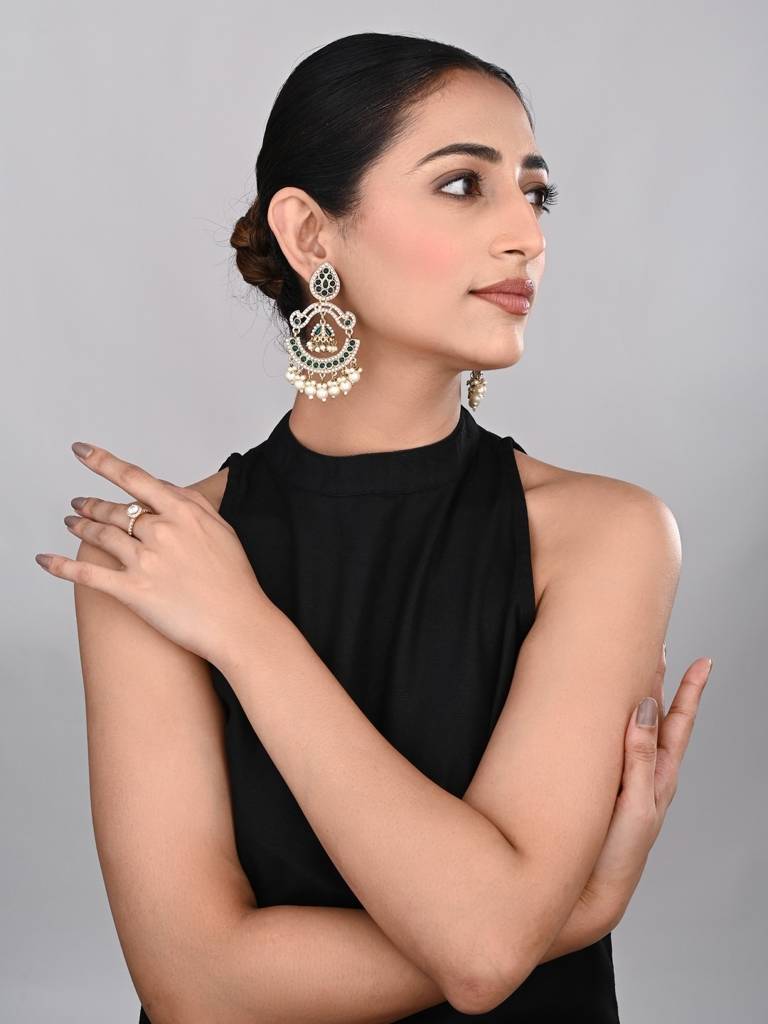Gold Plated Stone & Beads Chandbali Earring : S24KCER438GRN