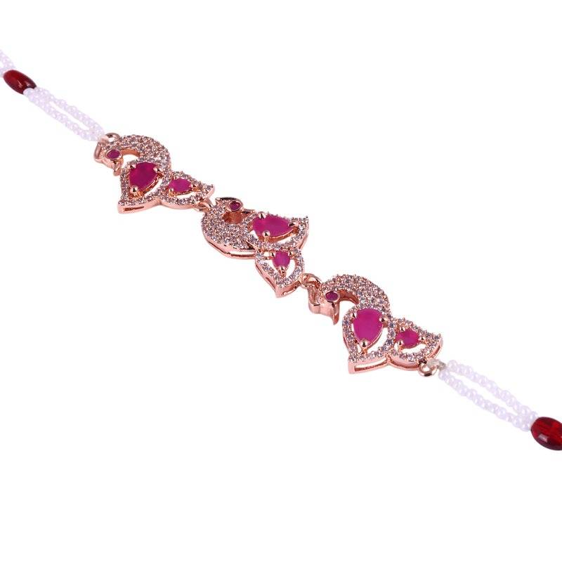 Elegant Ethnic Rose Gold Finish White Two Strand Necklace With Ruby Beads & Cz Peacock|Traditional Wear : AD-921-RGRBNK