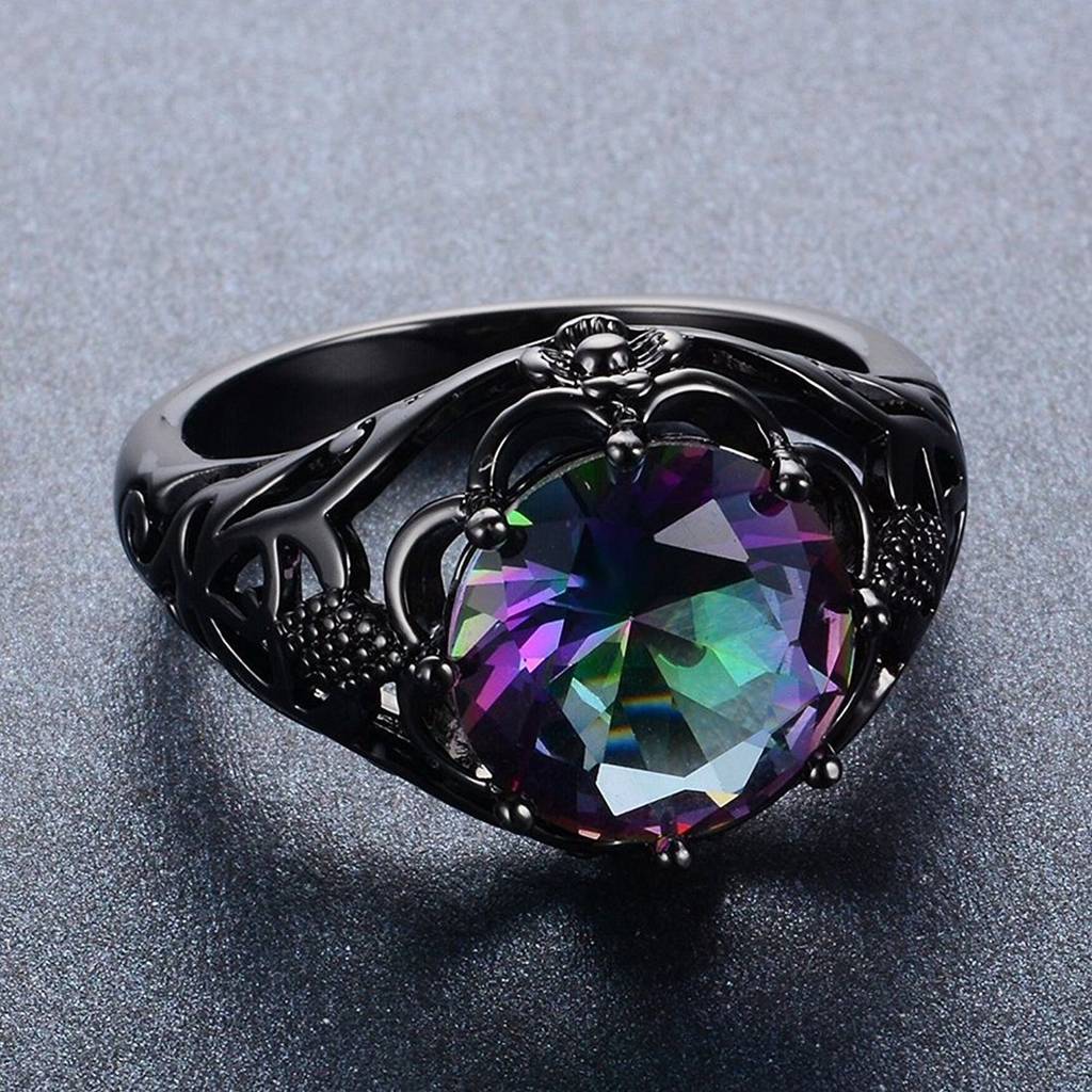 Round Cut Black Gold Mystic Big Rainbow Topaz Solitaire Ring Engagement Wedding For Women (8.0) : PX9R25-8