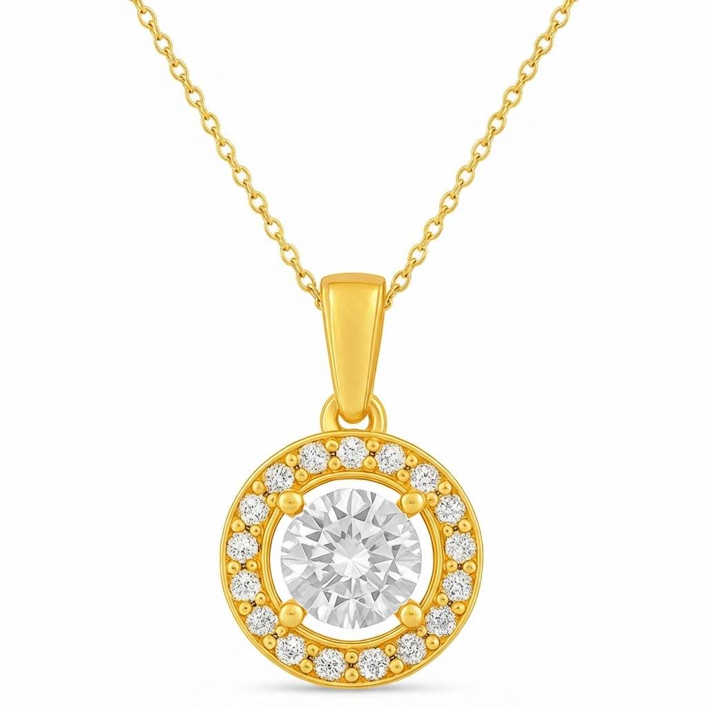 Classic Solitaire Gold Plated 925 Sterling Silver Pendant With Link Chain : PEN-30027-C3