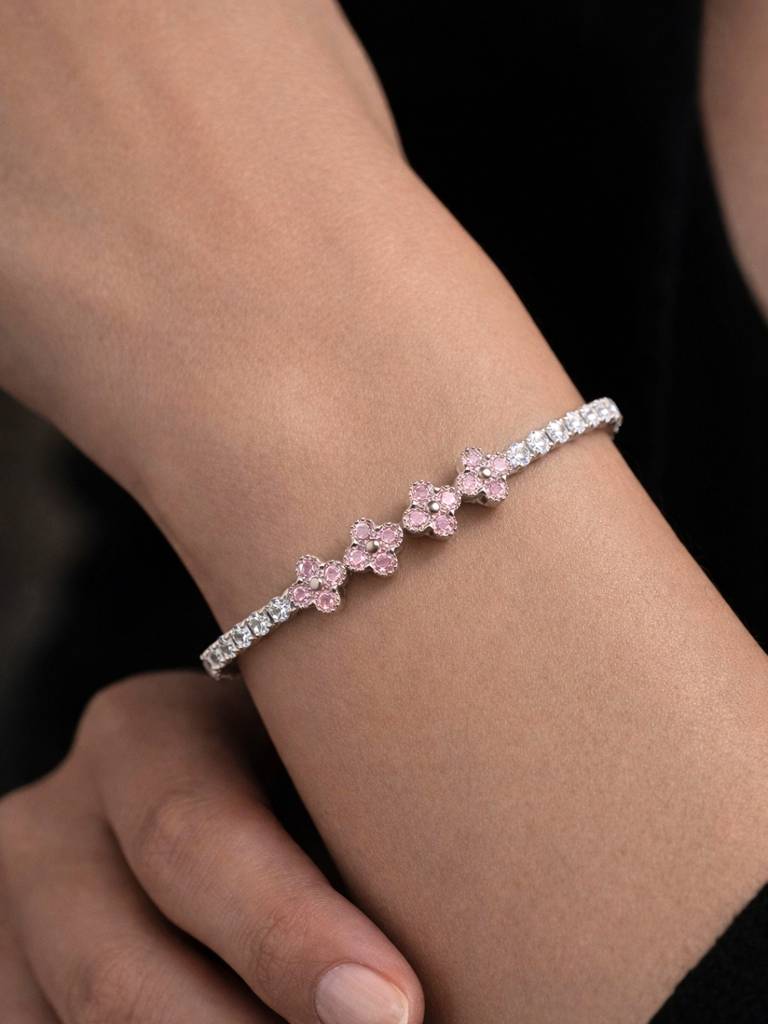 Pink & Silver Clover Cz Bracelet | Anti-Tarnish Everyday Bracelet : S925B742PSCSB