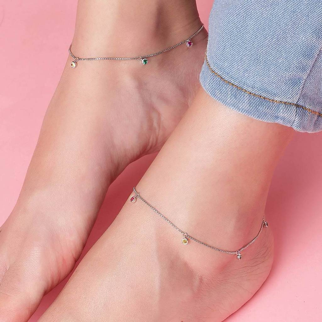 Multi Colour Drops Rhodium Plated 925 Sterling Silver Anklet : ANK-60238-PAIR