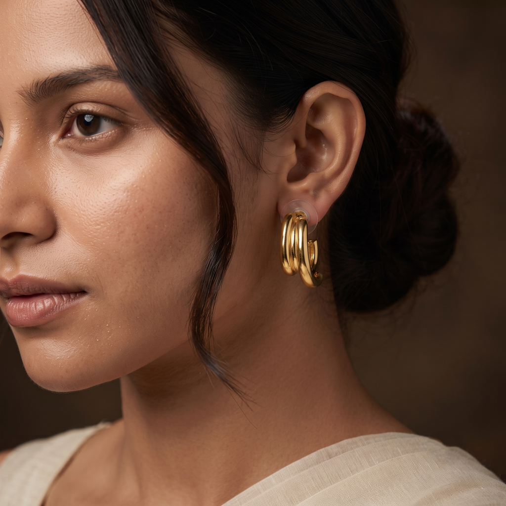 Gold Plated Brass Twisted Curved Hoop Earrings : SCDELER0459